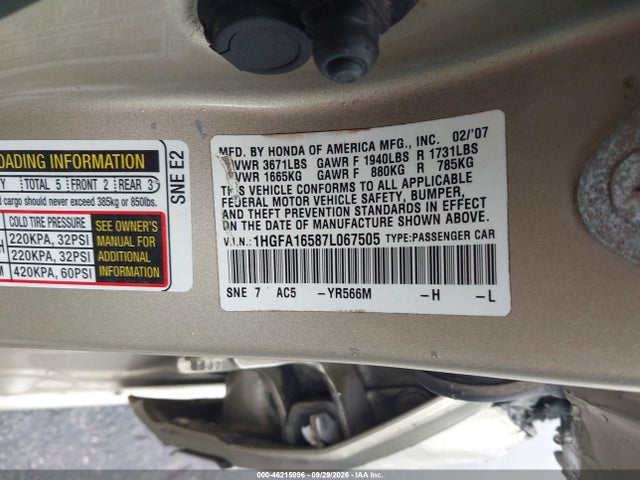 Продажа на аукционе авто 2007 Honda Civic Lx, vin: 1HGFA16587L067505, номер лота: 46215996