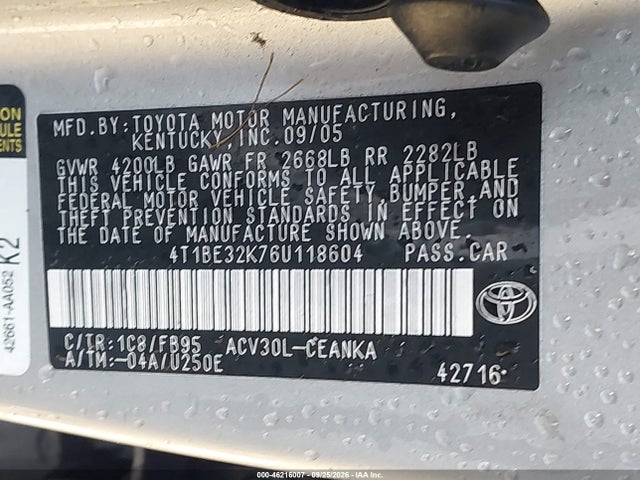 Продаж на аукціоні авто 2006 Toyota Camry Le, vin: 4T1BE32K76U118604, номер лоту: 46216007