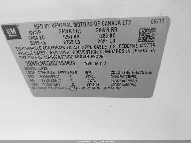 Aukcja sprzedaży 2012 Chevrolet Equinox 2lt, vin: 2GNFLNE52C6153484, numer aukcji: 46216010