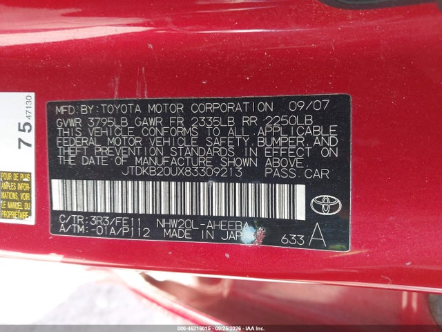 2008 Toyota Prius მანქანა იყიდება აუქციონზე, vin: JTDKB20UX83309213, აუქციონის ნომერი: 46216015