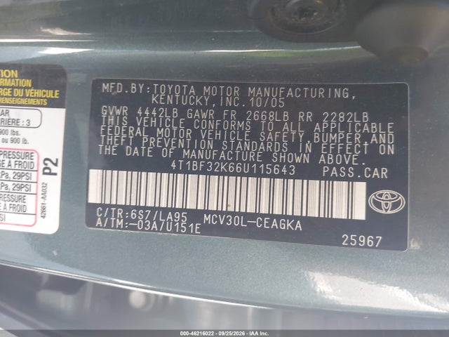 Продаж на аукціоні авто 2006 Toyota Camry Xle V6, vin: 4T1BF32K66U115643, номер лоту: 46216022