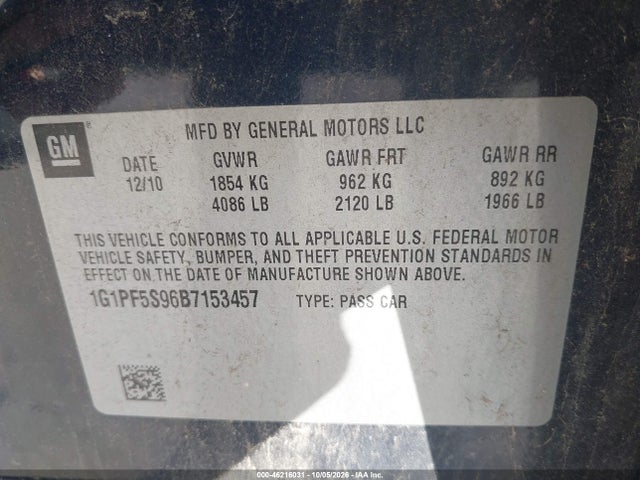 46216031 :رقم المزاد ، 1G1PF5S96B7153457 vin ، 2011 Chevrolet Cruze 1lt مزاد بيع