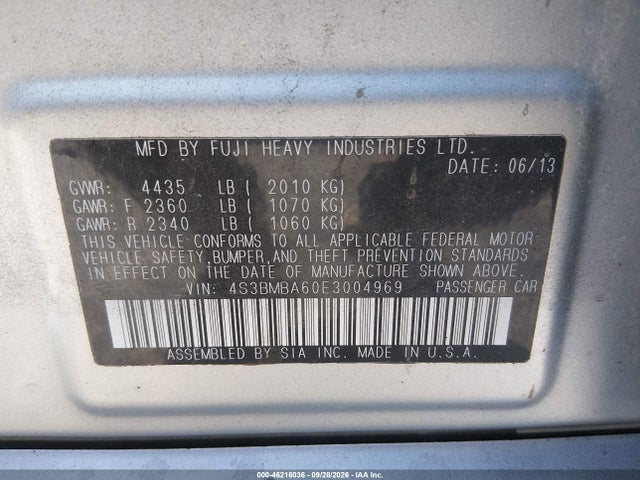 Продажа на аукционе авто 2014 Subaru Legacy 2.5i, vin: 4S3BMBA60E3004969, номер лота: 46216036