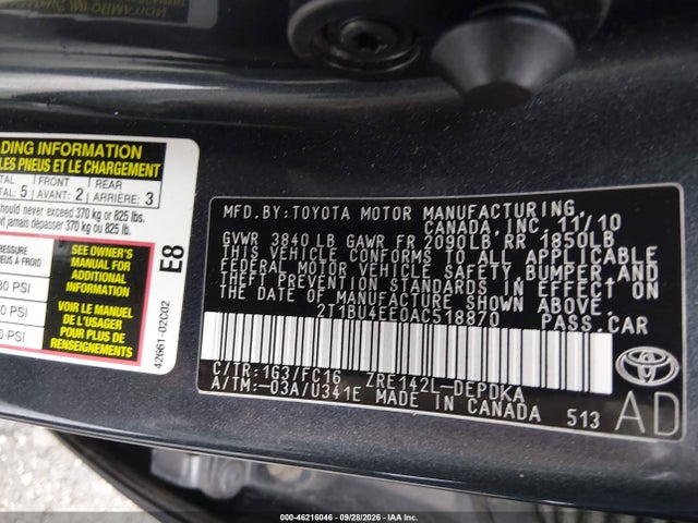 Aukcja sprzedaży 2010 Toyota Corolla Le, vin: 2T1BU4EE0AC518870, numer aukcji: 46216046