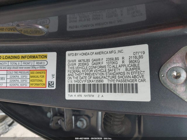 Продаж на аукціоні авто 2019 Honda Accord Sport, vin: 1HGCV1F32KA135890, номер лоту: 46216058