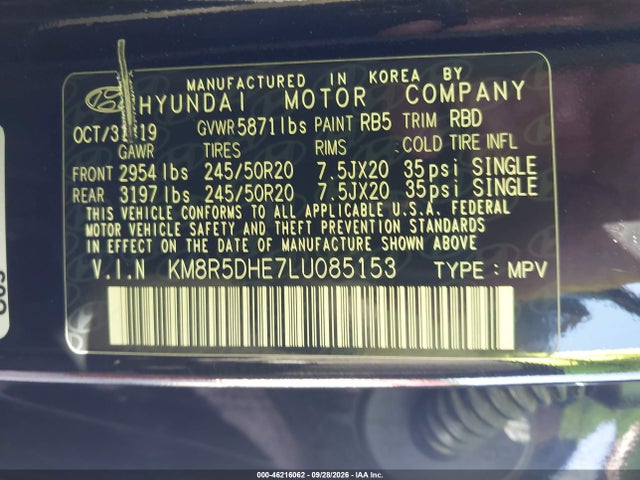 Aukcja sprzedaży 2020 Hyundai Palisade Limited, vin: KM8R5DHE7LU085153, numer aukcji: 46216062