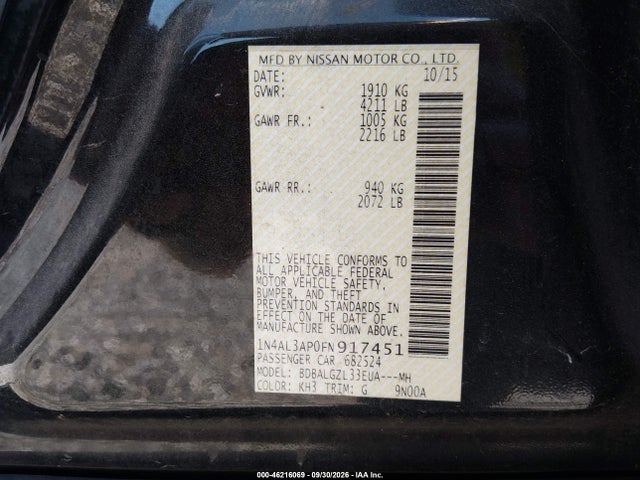 Продажа на аукционе авто 2015 Nissan Altima 2.5 S, vin: 1N4AL3AP0FN917451, номер лота: 46216069