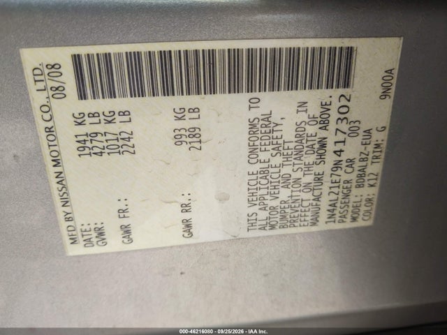 Продажа на аукционе авто 2009 Nissan Altima 2.5 S, vin: 1N4AL21E79N417302, номер лота: 46216080