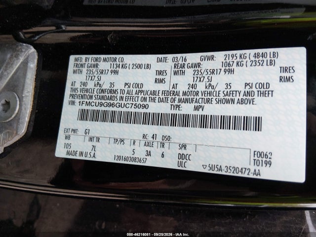 Продажа на аукционе авто 2016 Ford Escape Se, vin: 1FMCU9G96GUC75090, номер лота: 46216081