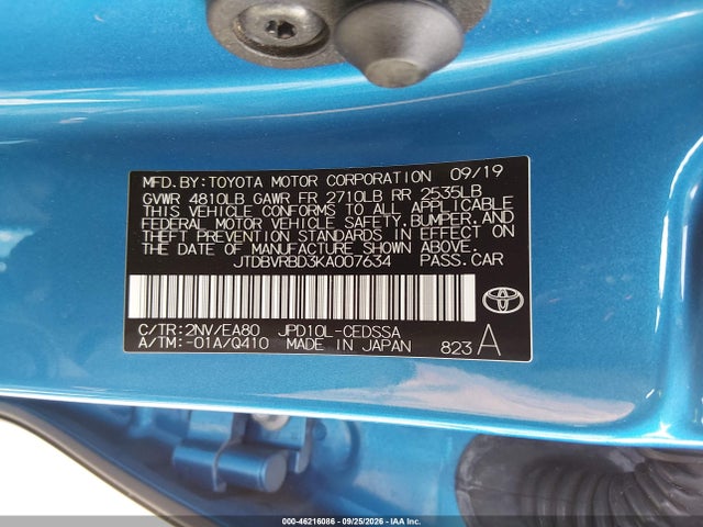 2019 Toyota Mirai მანქანა იყიდება აუქციონზე, vin: JTDBVRBD3KA007634, აუქციონის ნომერი: 46216086