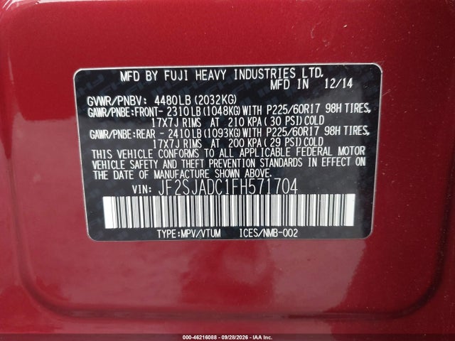 Aukcja sprzedaży 2015 Subaru Forester 2.5i Premium, vin: JF2SJADC1FH571704, numer aukcji: 46216088
