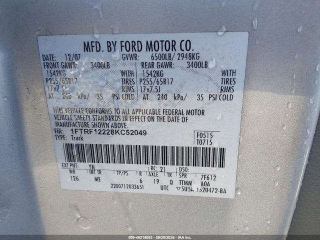 46216093 :رقم المزاد ، 1FTRF12228KC52049 vin ، 2008 Ford F-150 Stx/xl/xlt مزاد بيع
