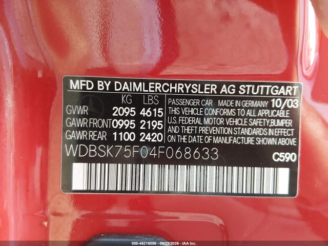 2004 Mercedes-benz Sl 500 მანქანა იყიდება აუქციონზე, vin: WDBSK75F04F068633, აუქციონის ნომერი: 46216096