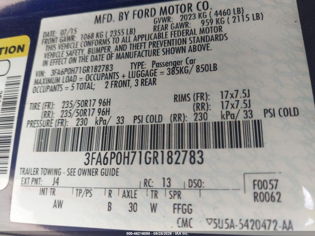 Продажа на аукционе авто 2016 Ford Fusion Se, vin: 3FA6P0H71GR182783, номер лота: 46216098