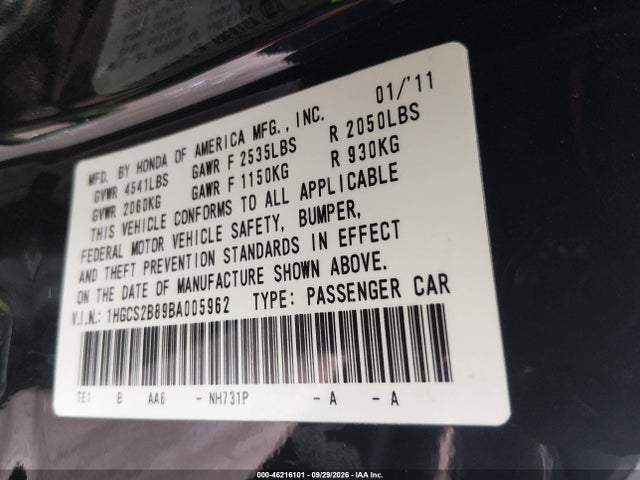 Aukcja sprzedaży 2011 Honda Accord 3.5 Ex-l, vin: 1HGCS2B89BA005962, numer aukcji: 46216101