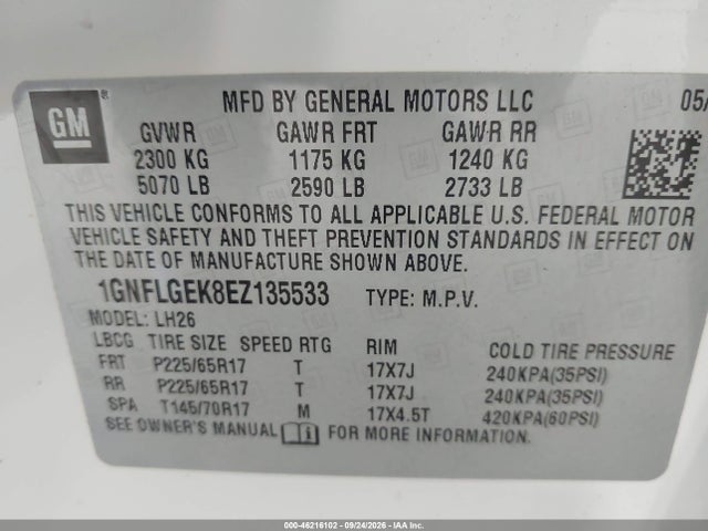 Aukcja sprzedaży 2014 Chevrolet Equinox 2lt, vin: 1GNFLGEK8EZ135533, numer aukcji: 46216102