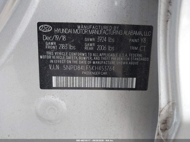 2019 Hyundai Elantra Value Edition მანქანა იყიდება აუქციონზე, vin: 5NPD84LF5KH453764, აუქციონის ნომერი: 46216117