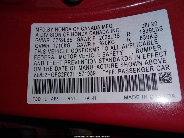 Продаж на аукціоні авто 2020 Honda Civic Lx, vin: 2HGFC2F63LH571959, номер лоту: 46216125