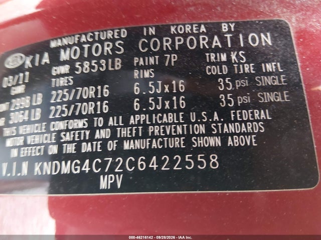 Продаж на аукціоні авто 2012 Kia Sedona Lx, vin: KNDMG4C72C6422558, номер лоту: 46216142