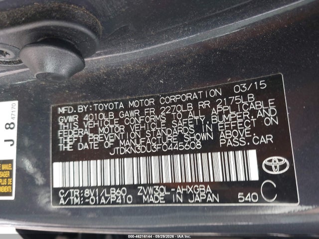Aukcja sprzedaży 2015 Toyota Prius Four, vin: JTDKN3DU3F0445608, numer aukcji: 46216144