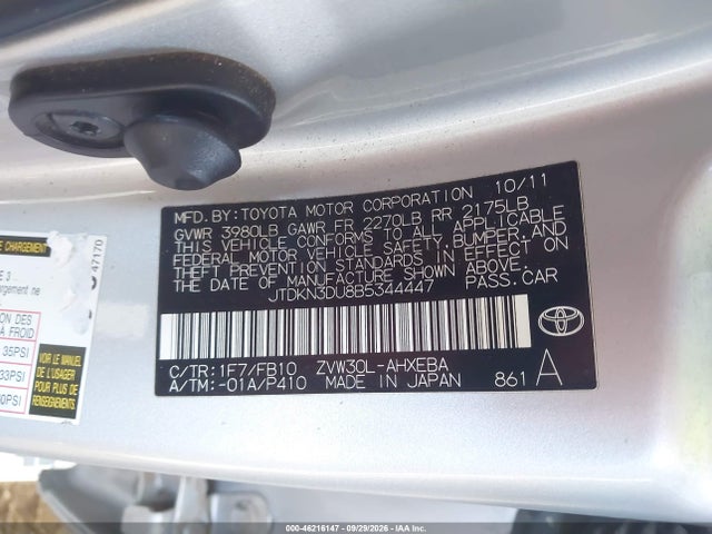 46216147 :رقم المزاد ، JTDKN3DU8B5344447 vin ، 2011 Toyota Prius مزاد بيع