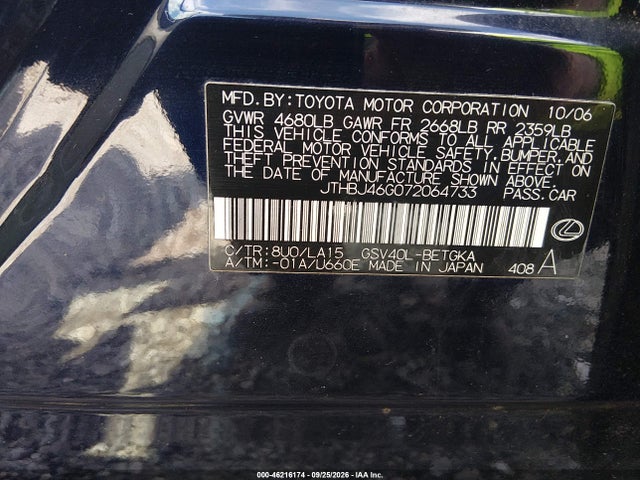 Aukcja sprzedaży 2007 Lexus Es 350, vin: JTHBJ46G072064733, numer aukcji: 46216174