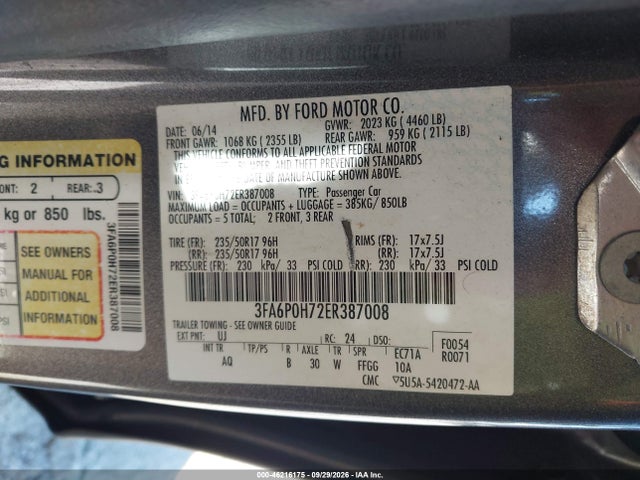 2014 Ford Fusion Se მანქანა იყიდება აუქციონზე, vin: 3FA6P0H72ER387008, აუქციონის ნომერი: 46216175