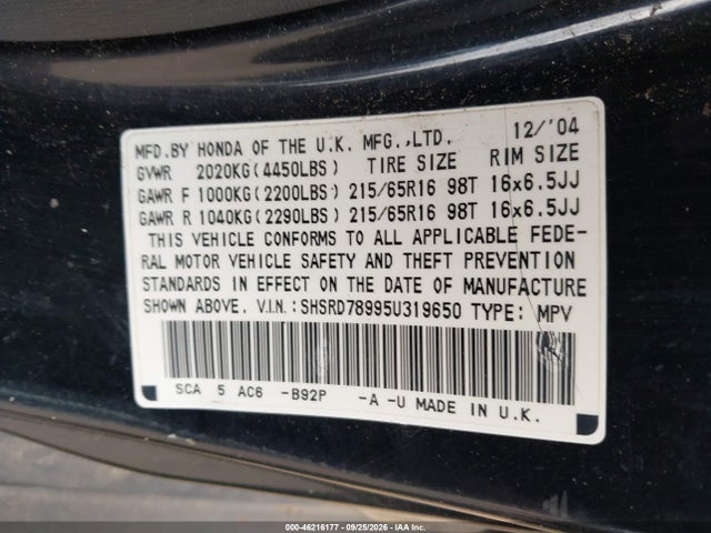 46216177 :رقم المزاد ، SHSRD78995U319650 vin ، 2005 Honda Cr-v Se مزاد بيع