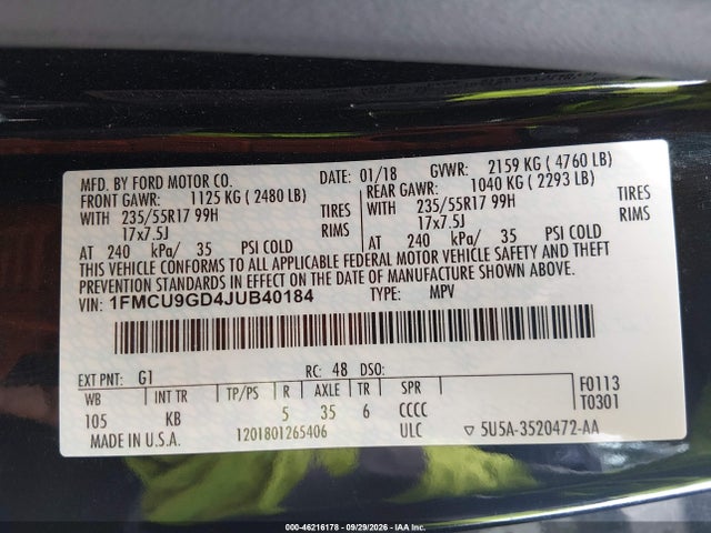 Aukcja sprzedaży 2018 Ford Escape Se, vin: 1FMCU9GD4JUB40184, numer aukcji: 46216178