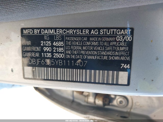 Продаж на аукціоні авто 2000 Mercedes-benz E 320, vin: WDBJF65J5YB111407, номер лоту: 46216184