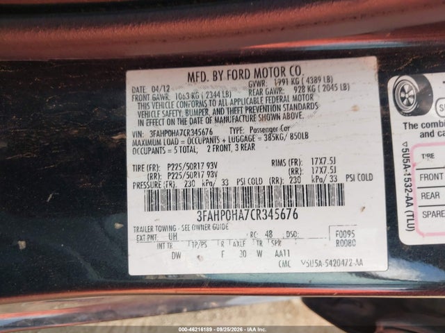 46216189 :رقم المزاد ، 3FAHP0HA7CR345676 vin ، 2012 Ford Fusion Se مزاد بيع
