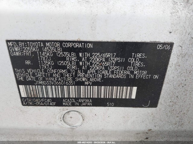 Продажа на аукционе авто 2006 Toyota Rav4, vin: JTMBD33V366016351, номер лота: 46216203
