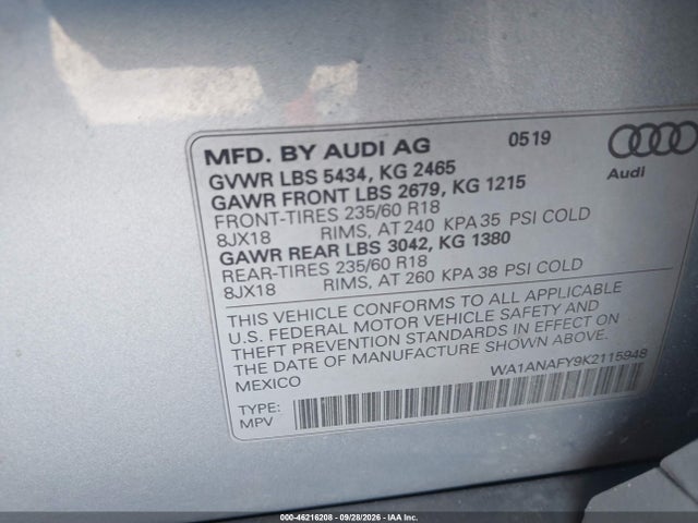 2019 Audi Q5 45 Premium მანქანა იყიდება აუქციონზე, vin: WA1ANAFY9K2115948, აუქციონის ნომერი: 46216208