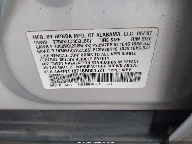 2008 Honda Pilot Ex-l მანქანა იყიდება აუქციონზე, vin: 5FNYF18718B001521, აუქციონის ნომერი: 46216216