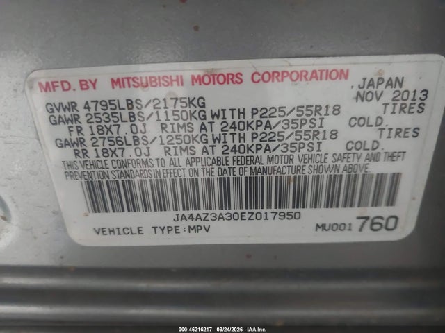 Aukcja sprzedaży 2014 Mitsubishi Outlander Se, vin: JA4AZ3A30EZ017950, numer aukcji: 46216217