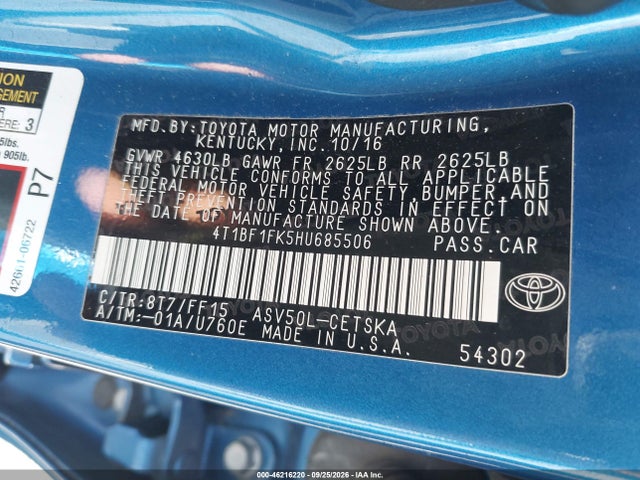 Продаж на аукціоні авто 2017 Toyota Camry Se, vin: 4T1BF1FK5HU685506, номер лоту: 46216220