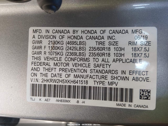 Продаж на аукціоні авто 2019 Honda Cr-v Ex, vin: 2HKRW2H5XKH641518, номер лоту: 46216226