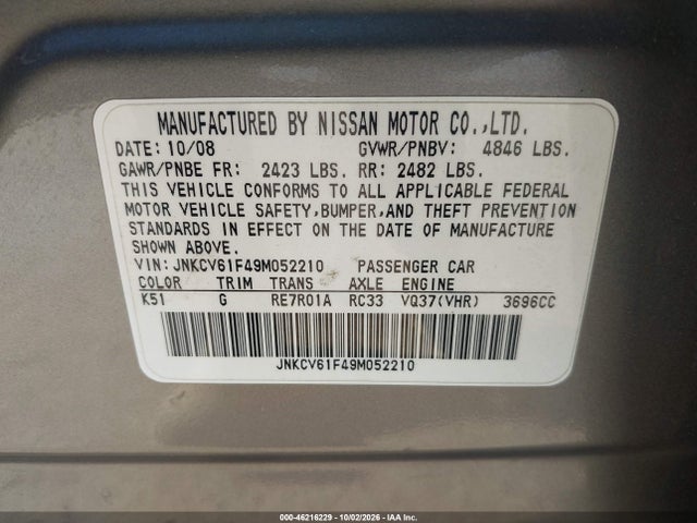 2009 Infiniti G37x მანქანა იყიდება აუქციონზე, vin: JNKCV61F49M052210, აუქციონის ნომერი: 46216229