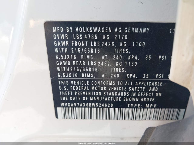 Aukcja sprzedaży 2011 Volkswagen Tiguan S, vin: WVGAV7AX6BW524629, numer aukcji: 46216242