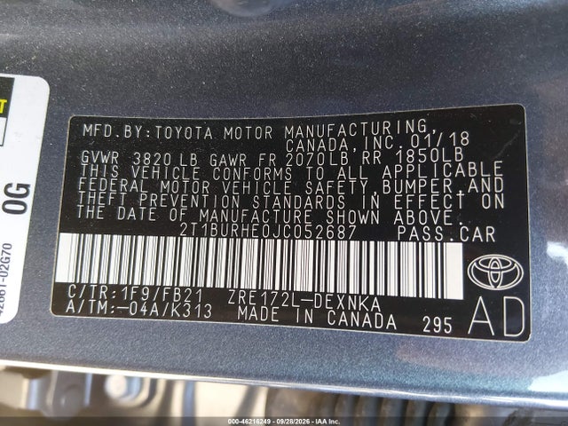 46216249 :رقم المزاد ، 2T1BURHE0JC052687 vin ، 2018 Toyota Corolla Le مزاد بيع