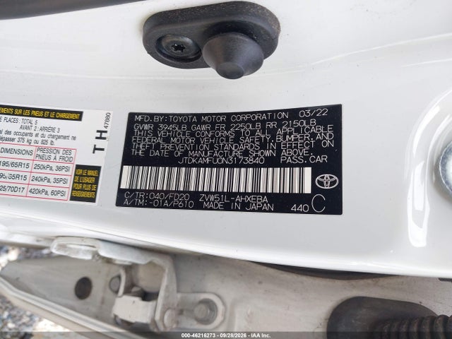 2022 Toyota Prius Le მანქანა იყიდება აუქციონზე, vin: JTDKAMFU0N3173840, აუქციონის ნომერი: 46216273