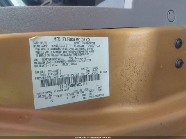 Продаж на аукціоні авто 2009 Ford Focus Se, vin: 1FAHP35N09W231131, номер лоту: 46216278