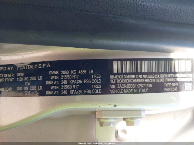Продаж на аукціоні авто 2019 Jeep Renegade Latitude 4x4, vin: ZACNJBBB1KPK71186, номер лоту: 46216287