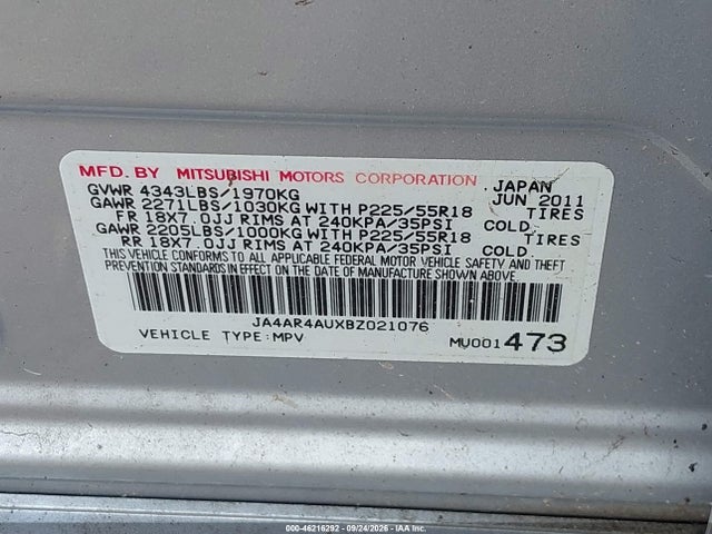 46216292 :رقم المزاد ، JA4AR4AUXBZ021076 vin ، 2011 Mitsubishi Outlander Sport Se مزاد بيع
