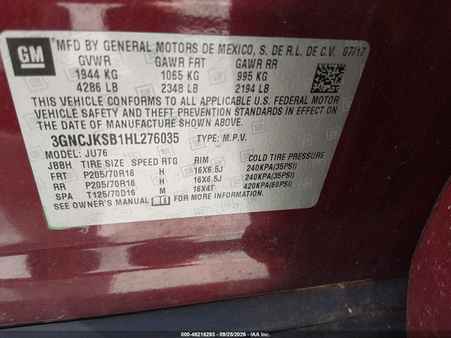 Продажа на аукционе авто 2017 Chevrolet Trax Ls, vin: 3GNCJKSB1HL276035, номер лота: 46216293