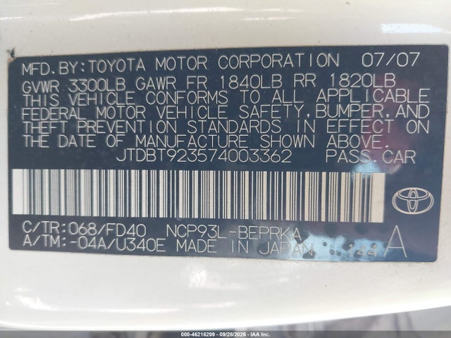 Продаж на аукціоні авто 2007 Toyota Yaris, vin: JTDBT923574003362, номер лоту: 46216299