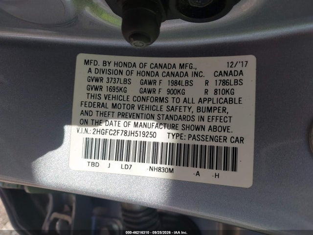 Продаж на аукціоні авто 2018 Honda Civic Ex, vin: 2HGFC2F78JH519250, номер лоту: 46216310
