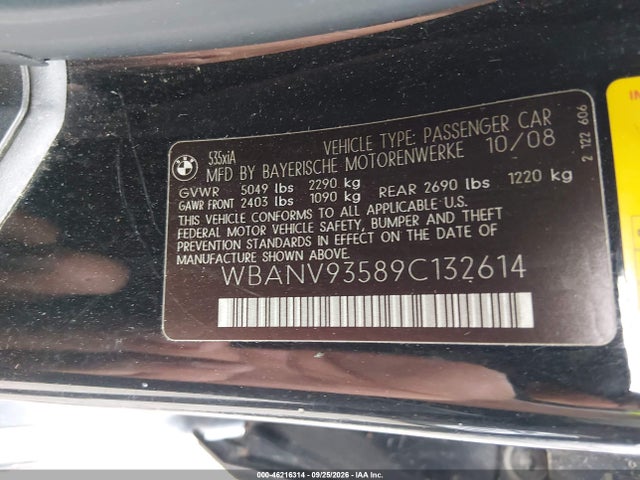 Продажа на аукционе авто 2009 Bmw 535i Xdrive, vin: WBANV93589C132614, номер лота: 46216314
