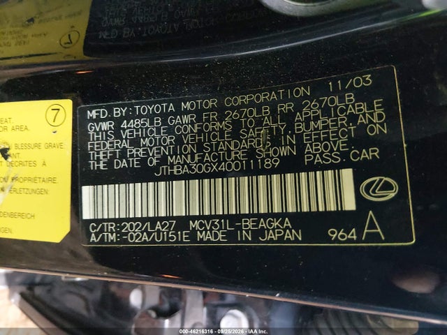 Продаж на аукціоні авто 2004 Lexus Es 330, vin: JTHBA30GX40011189, номер лоту: 46216316