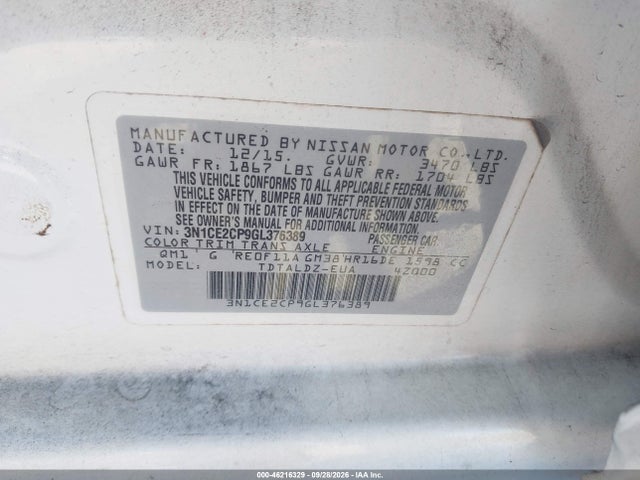 2016 Nissan Versa Note S (sr)/s Plus/sl/sr/sv მანქანა იყიდება აუქციონზე, vin: 3N1CE2CP9GL376389, აუქციონის ნომერი: 46216329